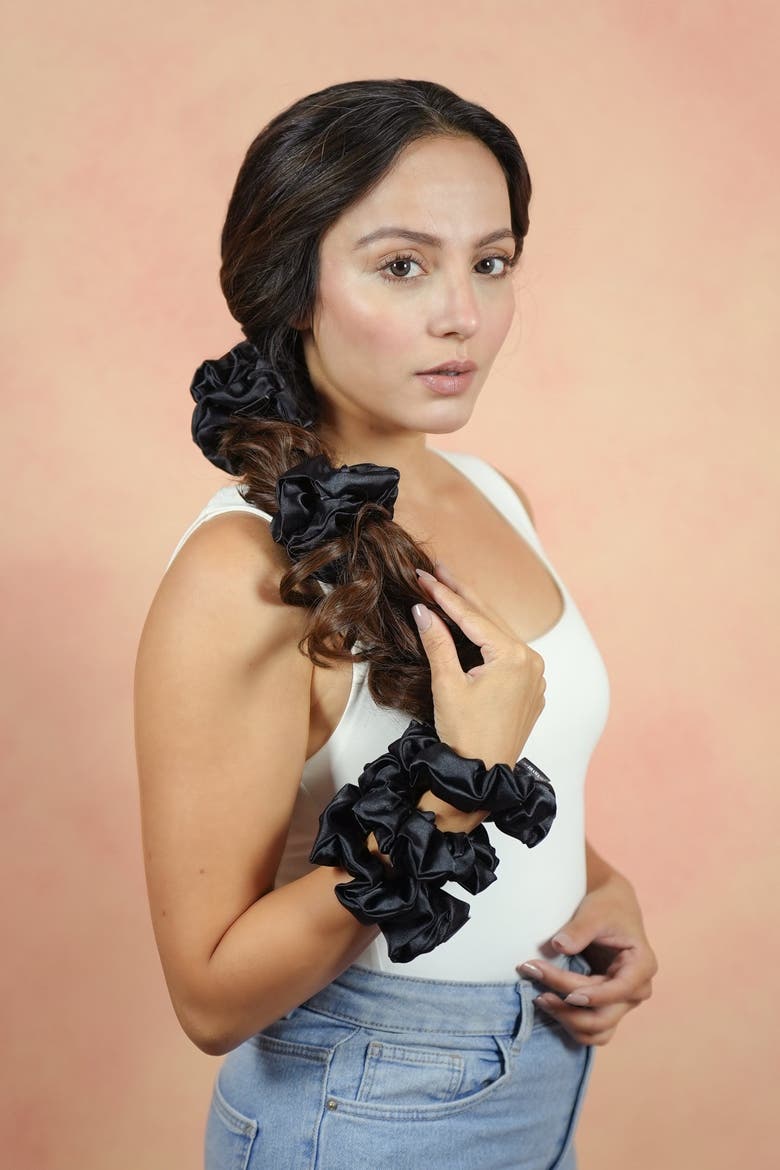 Black Silk Satin Scrunchies - Set of 6, Alternate, color, Black