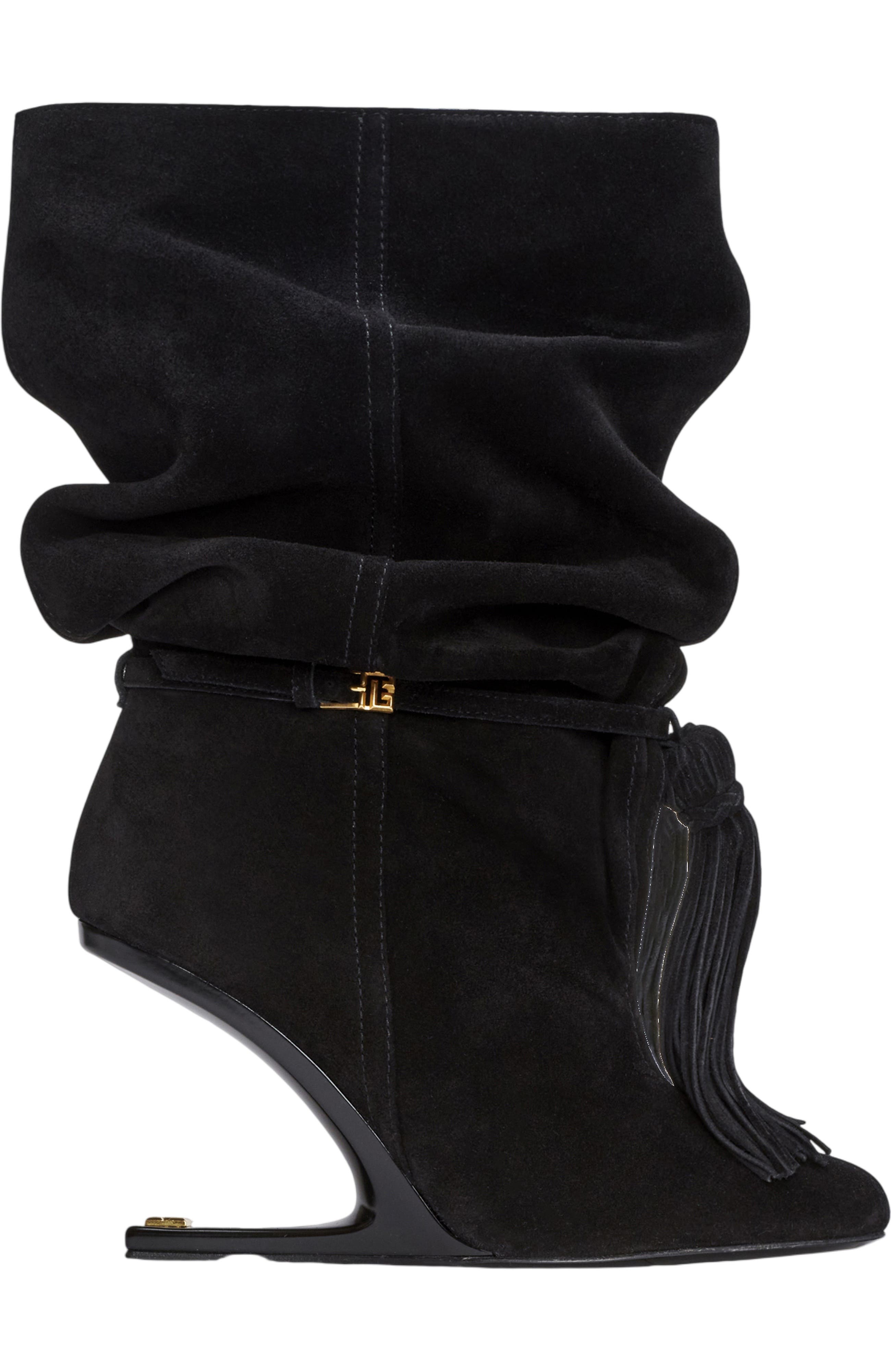 Balmain No Wedge suede leather ankle boots with tassel, Alternate, color, Black