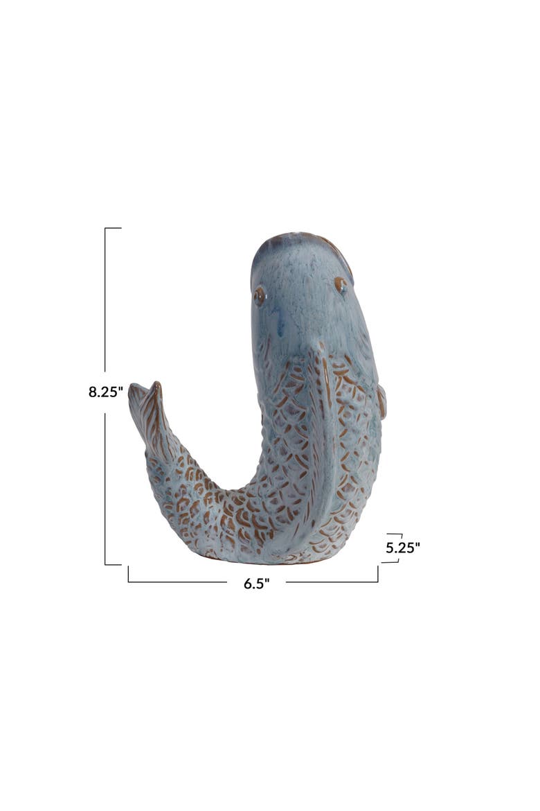 Stoneware Fish Shaped Vase with Reactive Glaze, Blue, Alternate, color, Blue
