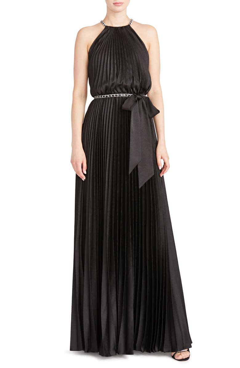 ML Monique Lhuillier Pleated Chain Detail Satin A-Line Gown, Main, color, Black