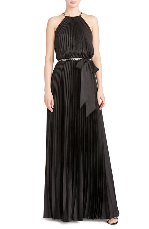 Pleated Chain Detail Satin A-Line Gown