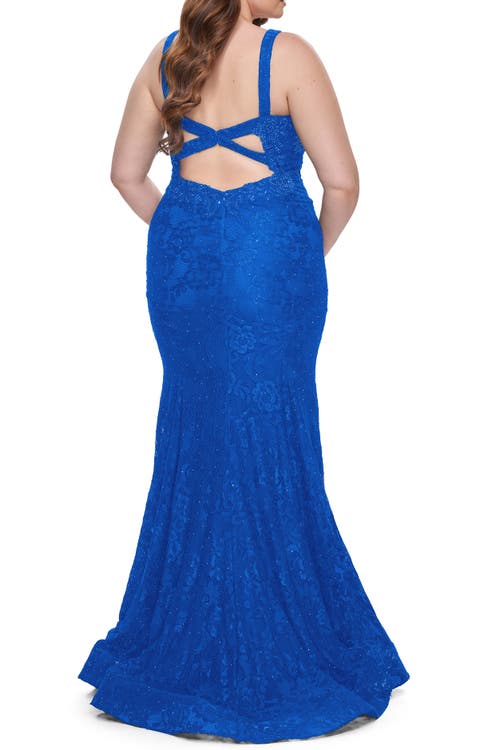 La Femme Plus Size Dress Lace Fitted Long Gown In Royal Blue | ModeSens