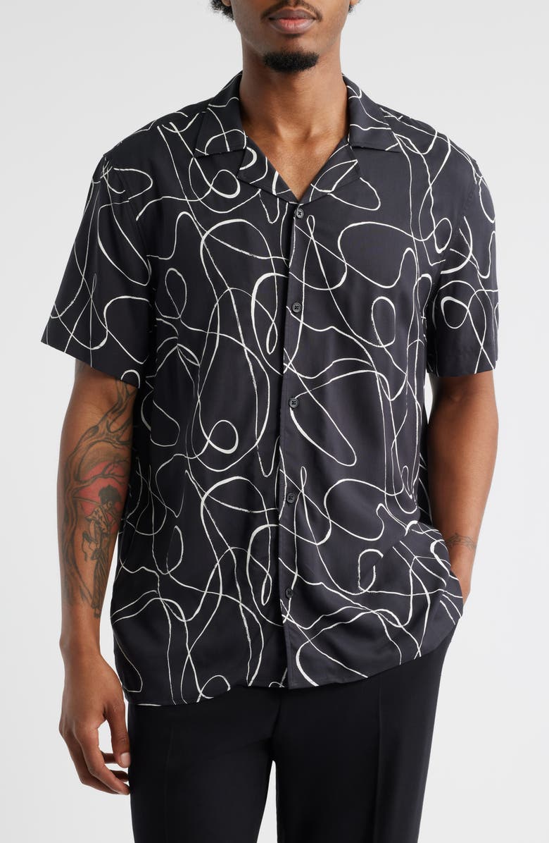 Open Edit Linework Print Camp Shirt, Main, color, Black Linework