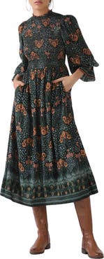 Celina Moon Nia Smocked Long Sleeve Midi Dress