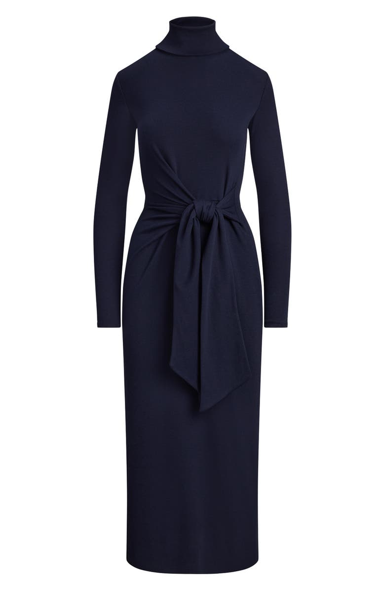 Lauren Ralph Lauren Turtleneck Tie Waist Long Sleeve Rib Cotton Blend Midi Dress, Alternate, color, Lighthouse Navy