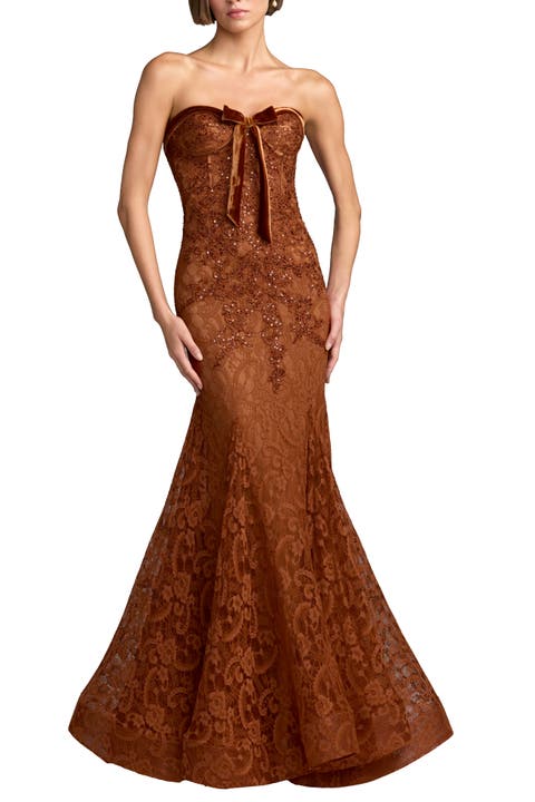 Embellished Lace Strapless Mermaid Gown