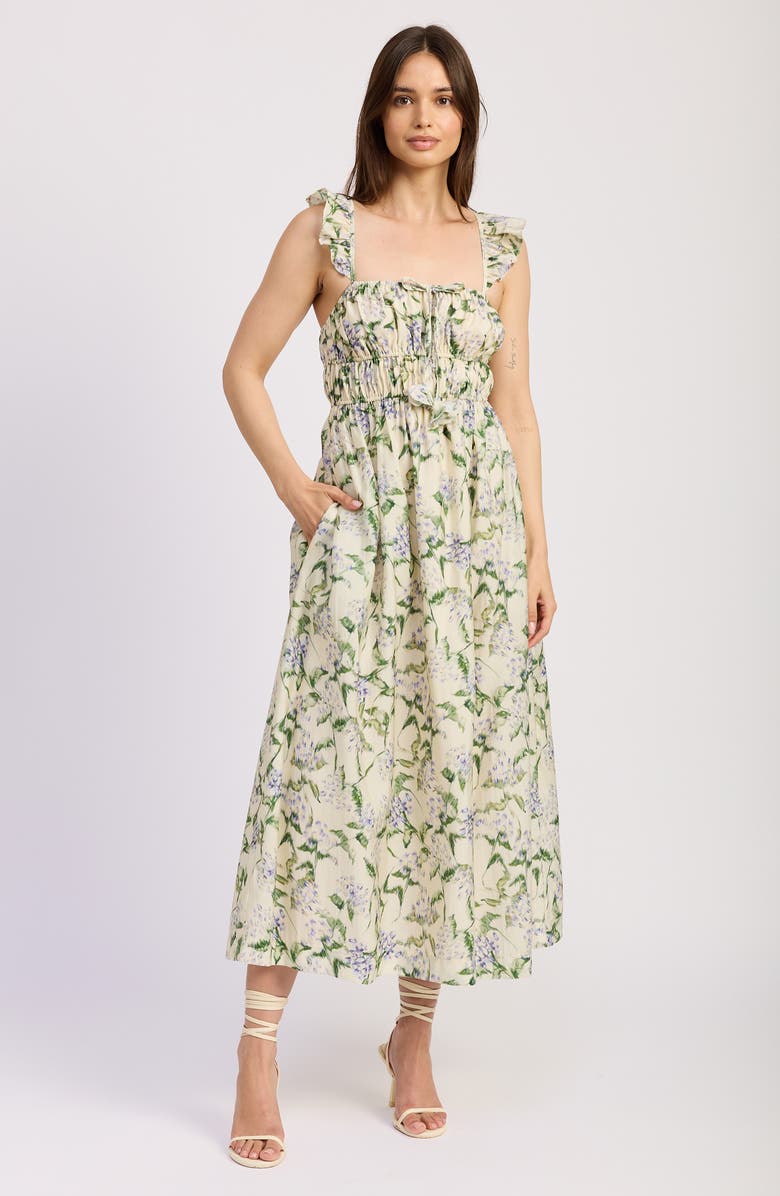 En Saison Charleston Ruffle Shirred Midi Sundress, Alternate, color, Natural Indigo