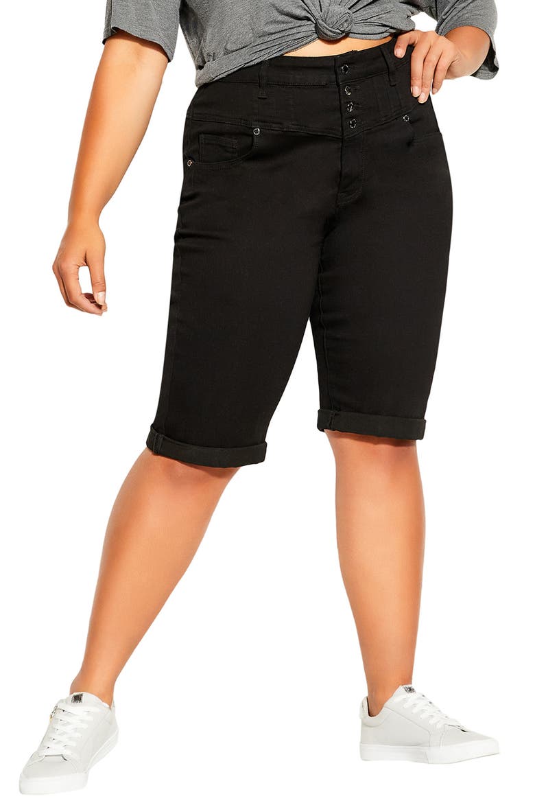 High Waist Cuffed Denim Bermuda Shorts, Main, color, BLACK