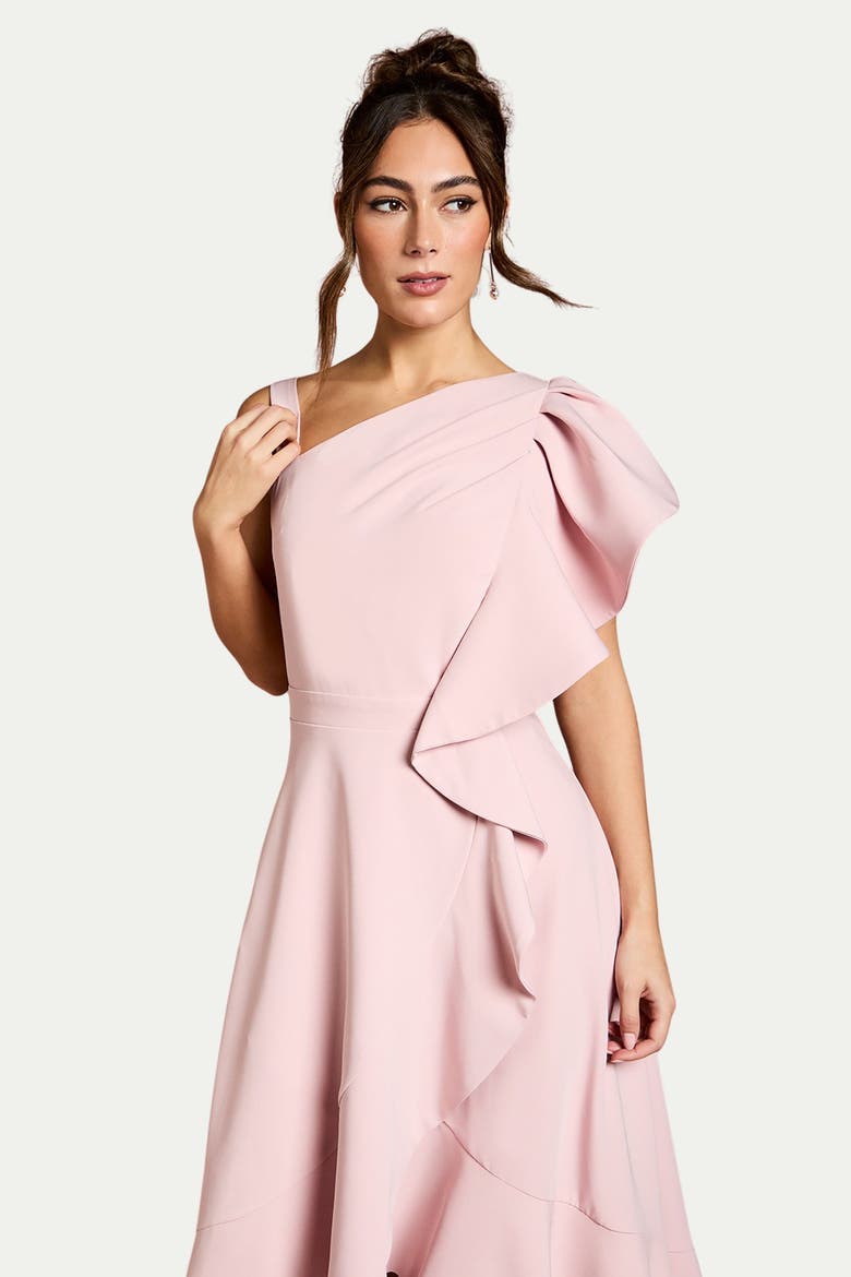 One Shoulder Crepe Ruffle Midi Dress, Alternate, color, Blush