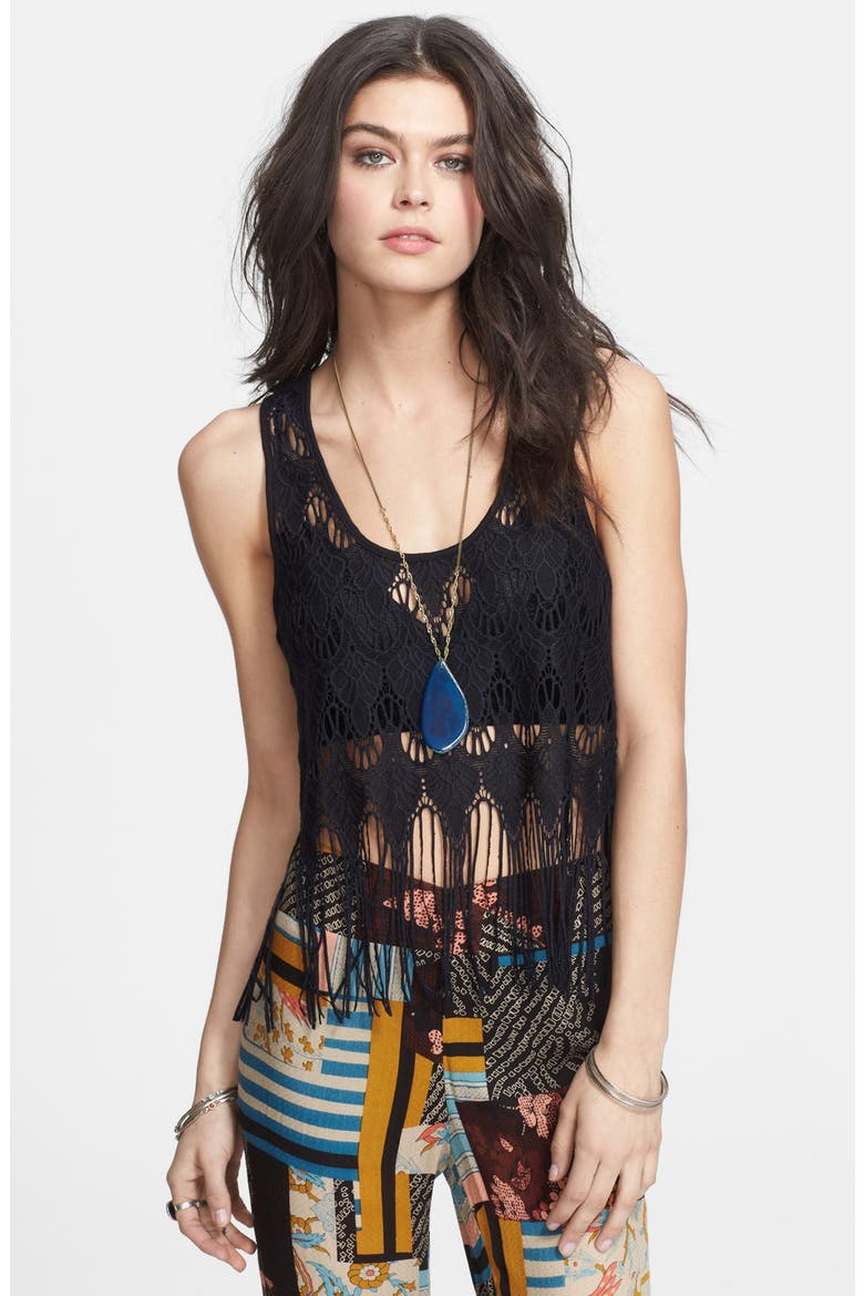 Fringed Lace Tank, Main, color, BLACK