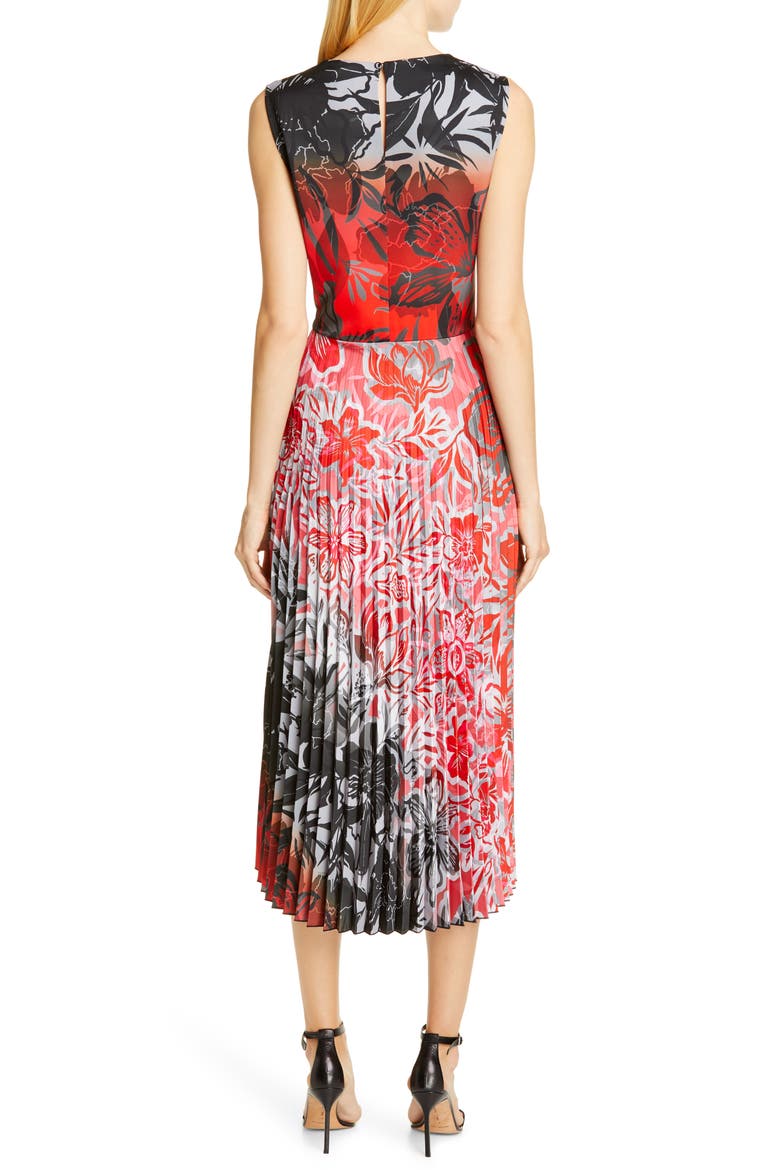 Dégradé Floral Pleated Midi Dress, Alternate, color, RUBINO