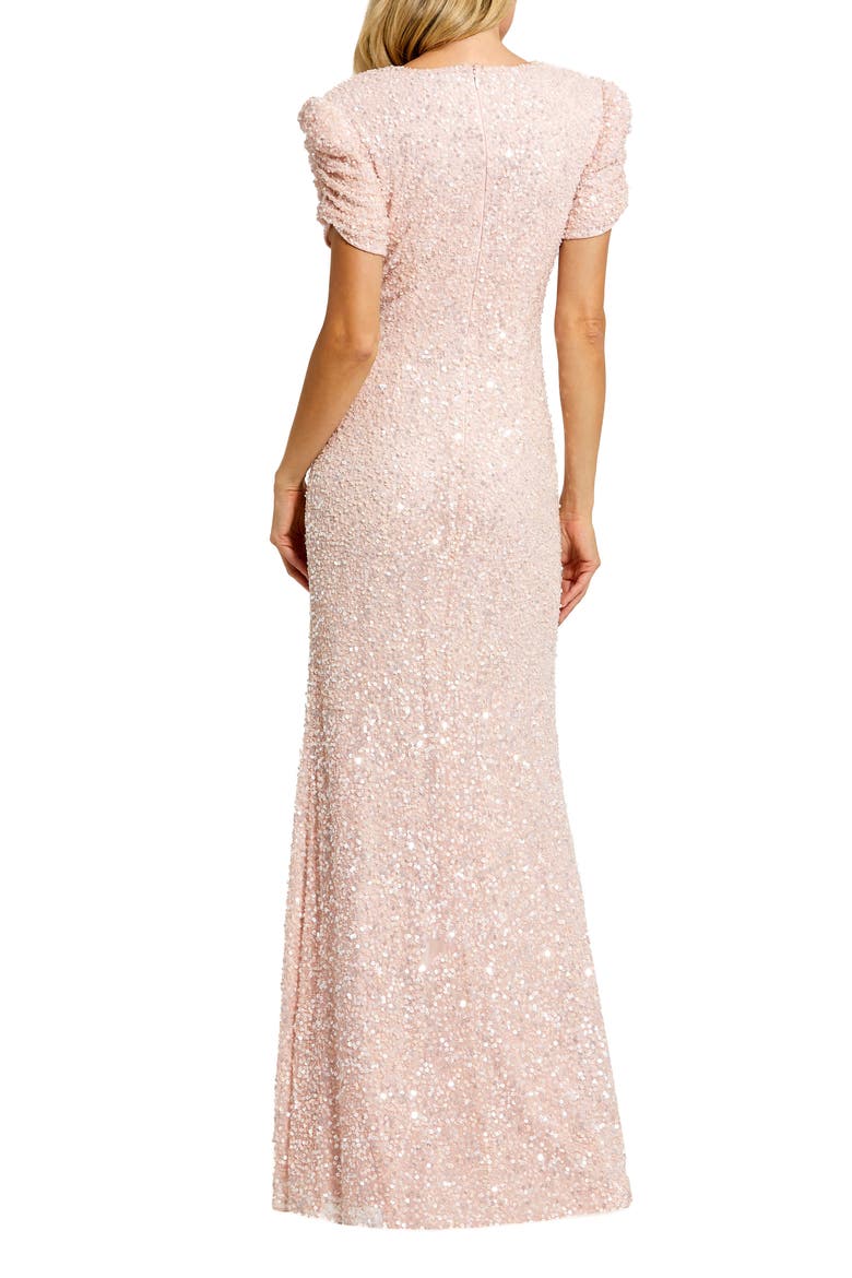 Petite Gathered Short Sleeve Beaded Gown, Alternate, color, Blush
