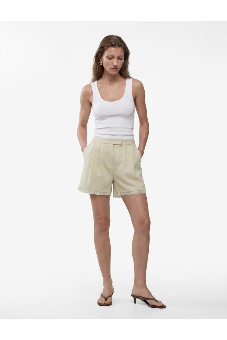 Linen Blend Mid Rise Pocket Detail Shorts with Lace Trim, Alternate, color, GREEN