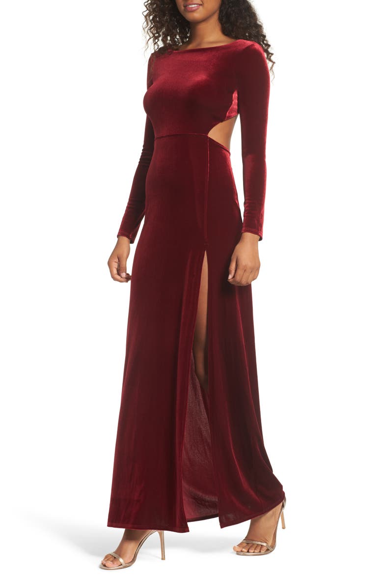 Besame Long Sleeve Velvet Maxi Dress, Main, color, BURGUNDY