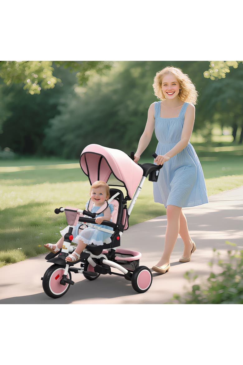 Kids Tricycle with Adjustable Push Handle and Removable Canopy, Alternate, color, Pink