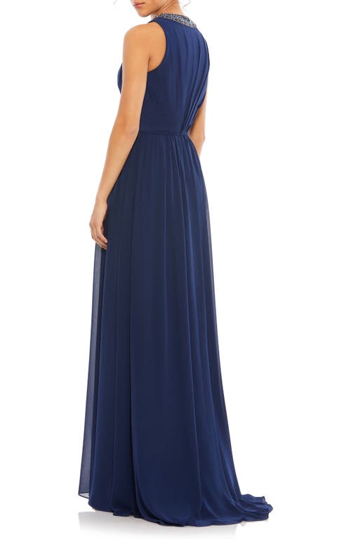 Mac Duggal Bejeweled Neckline Pleated Chiffon Gown In Midnight