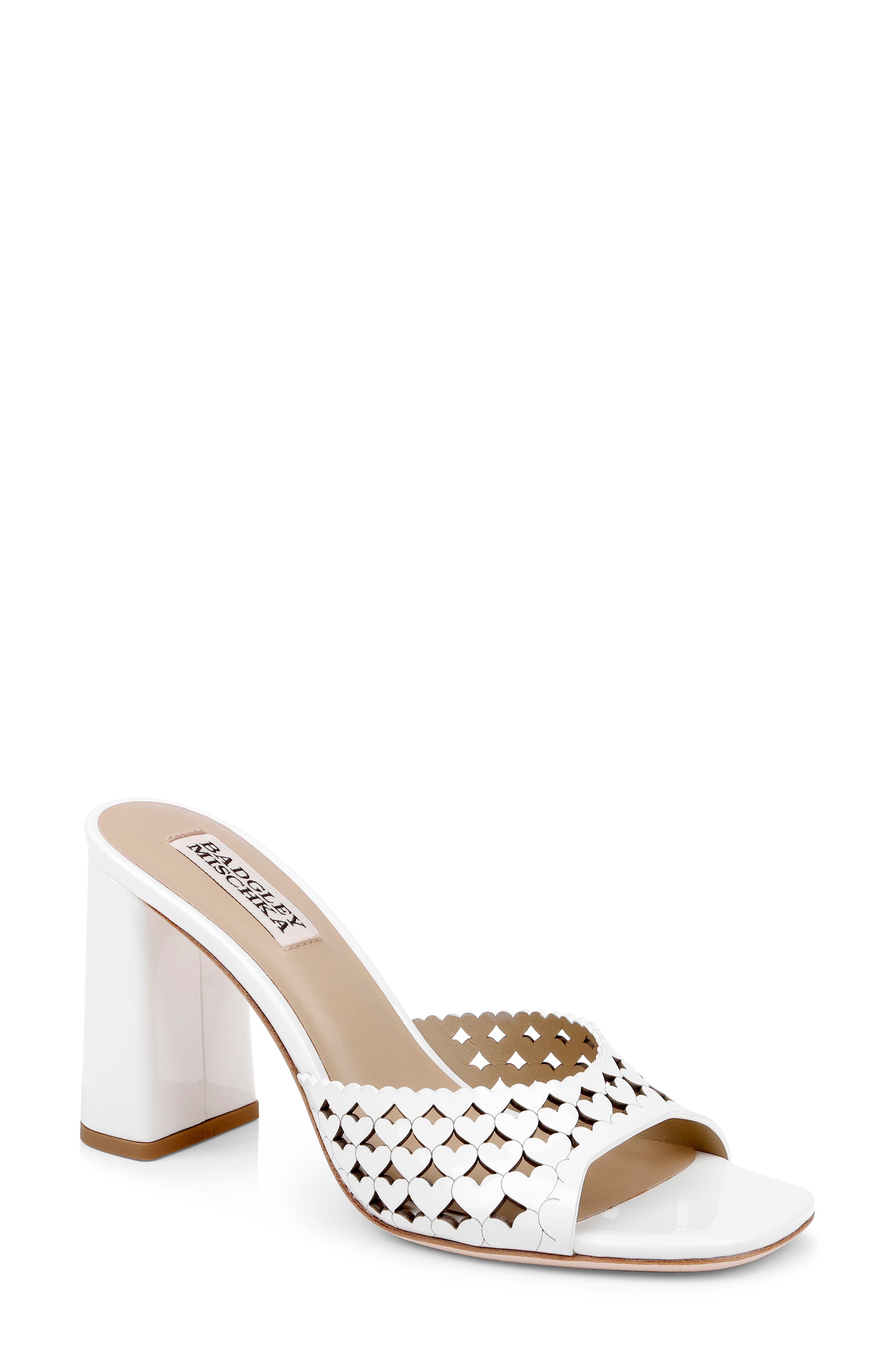 BADGLEY MISCHKA Omni Laser-Cut Heart Sandal, Main, color, White Patent
