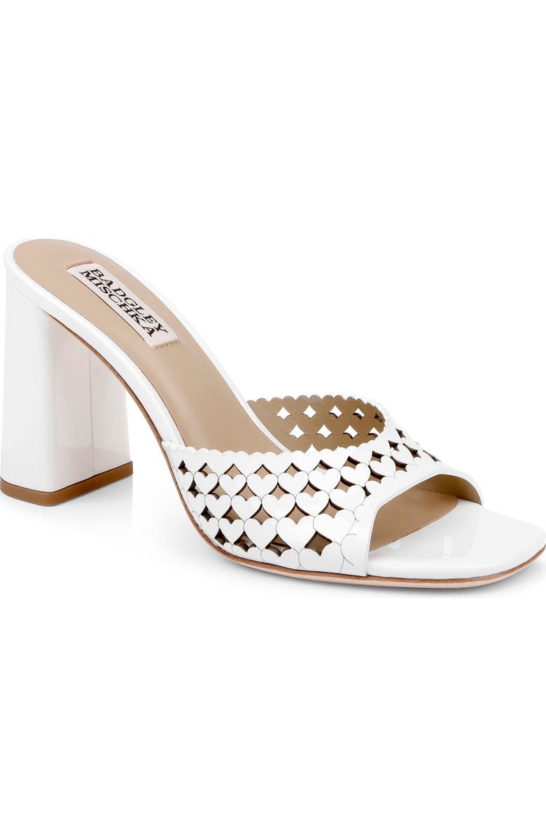 BADGLEY MISCHKA Omni Laser-Cut Heart Sandal, Main, color, White Patent
