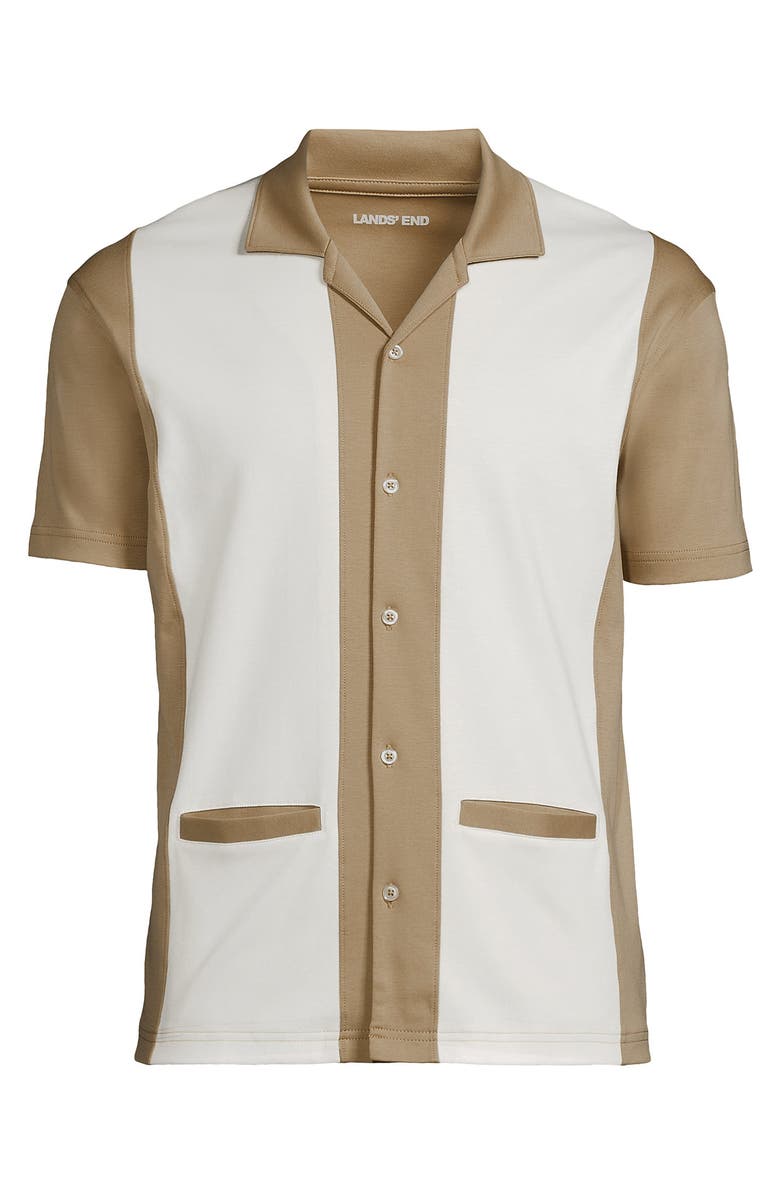 Lands' End Short Sleeve Supima Retro Camp Collar Button Through Shirt, Alternate, color, Desert Tan