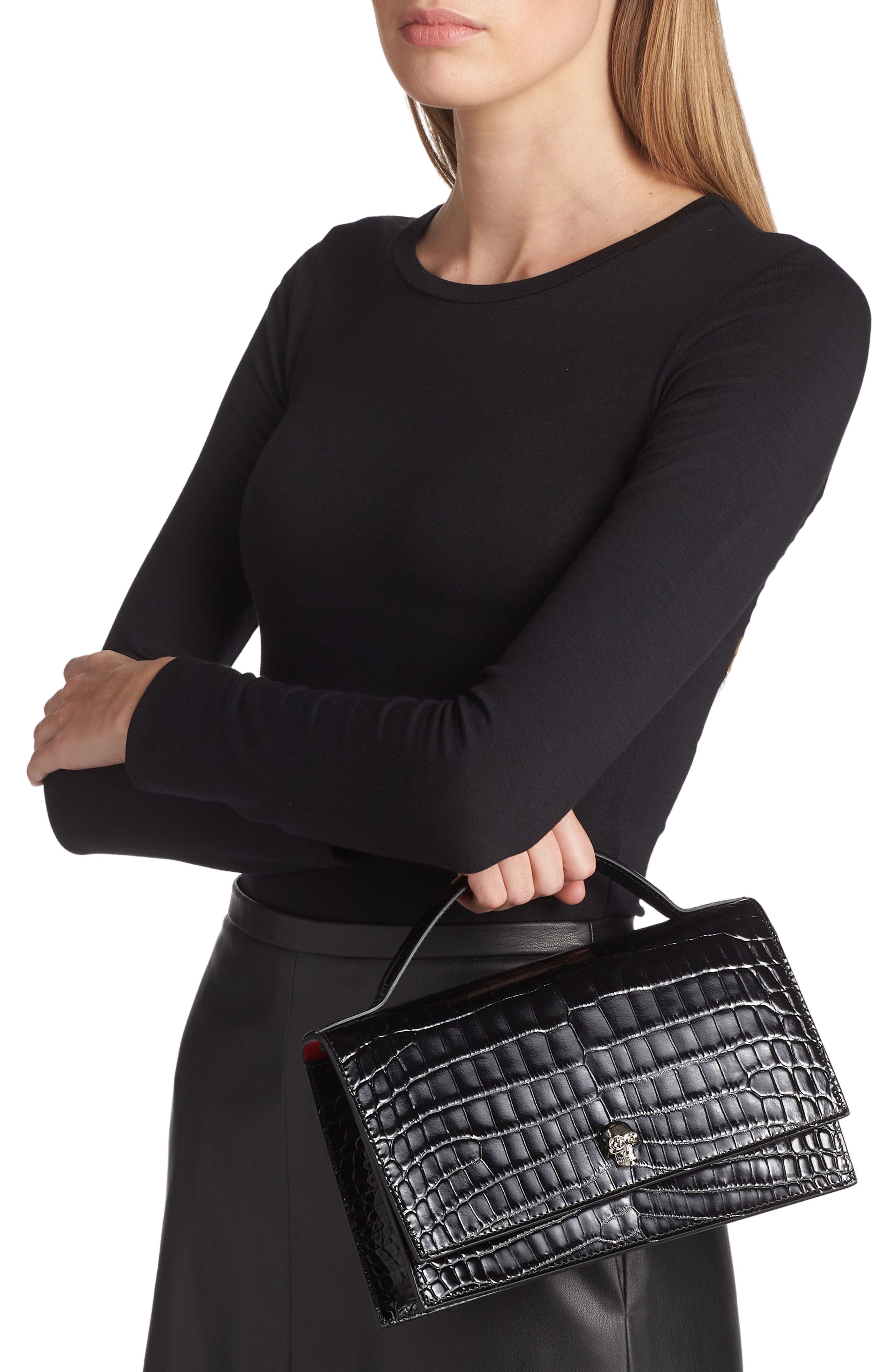 McQueen Medium Skull Croc Embossed Leather Top Handle Bag, Alternate, color, 1000 Black