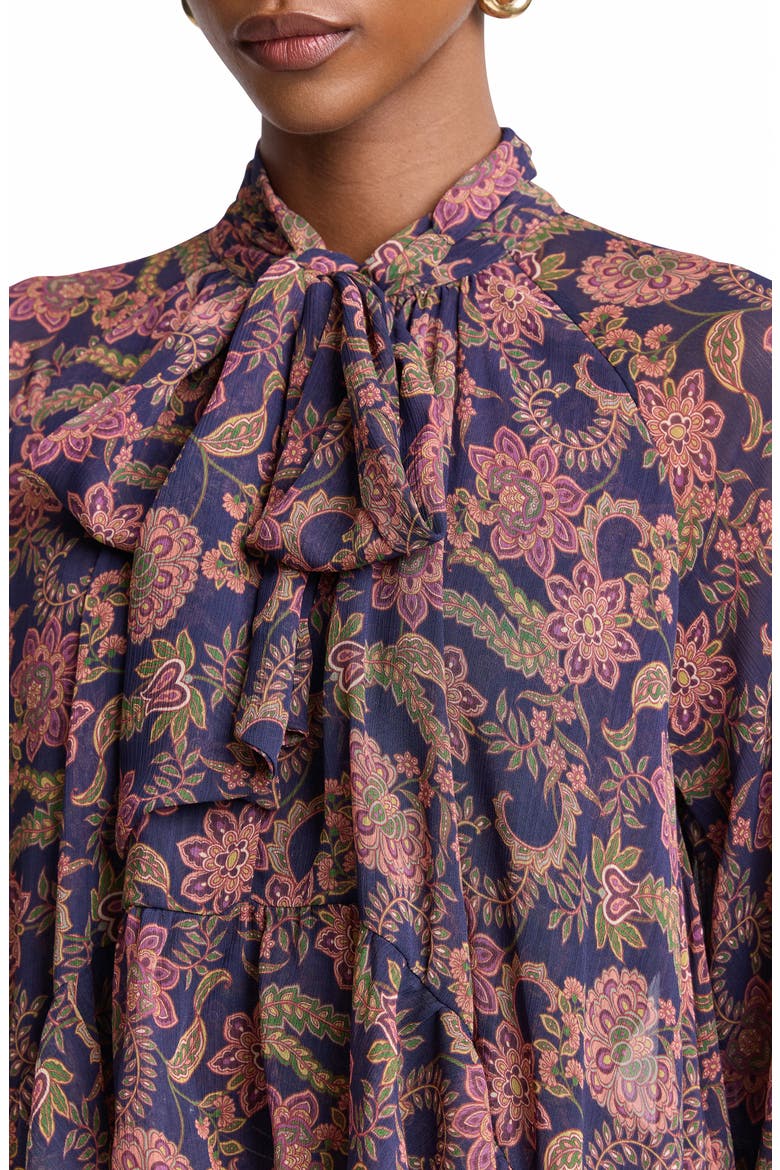 Paisley Print Long Sleeve Chiffon Tie Neck Dress, Alternate, color, NAVY PAISLEY GARDEN