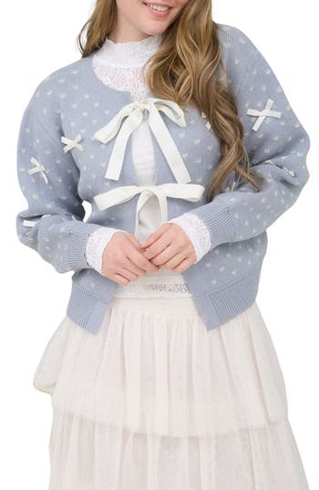 Blu Pepper Heart Ribbons Crop Cardigan In Gray