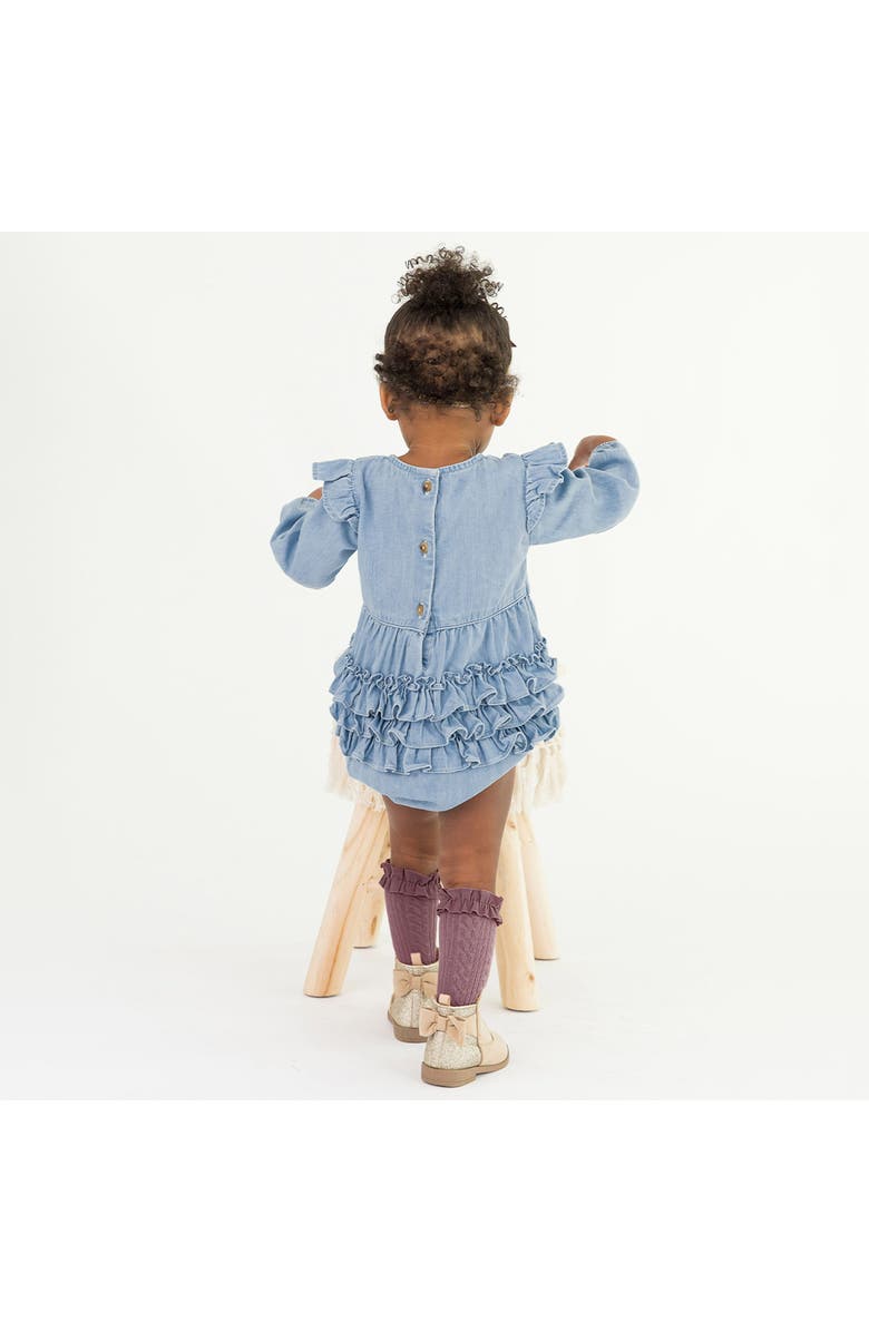 RuffleButts Long Sleeve Flutter Bubble Romper, Alternate, color, Light Wash