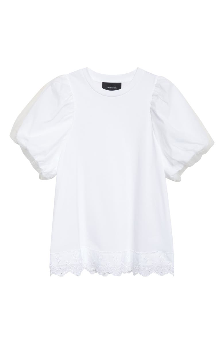 Simone Rocha Eyelet Trim Puff Sleeve Knit Top, Main, color, White