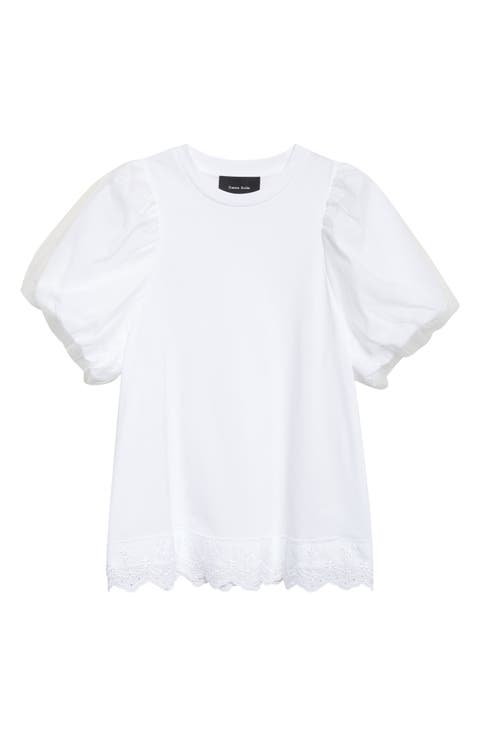 Eyelet Trim Puff Sleeve Knit Top