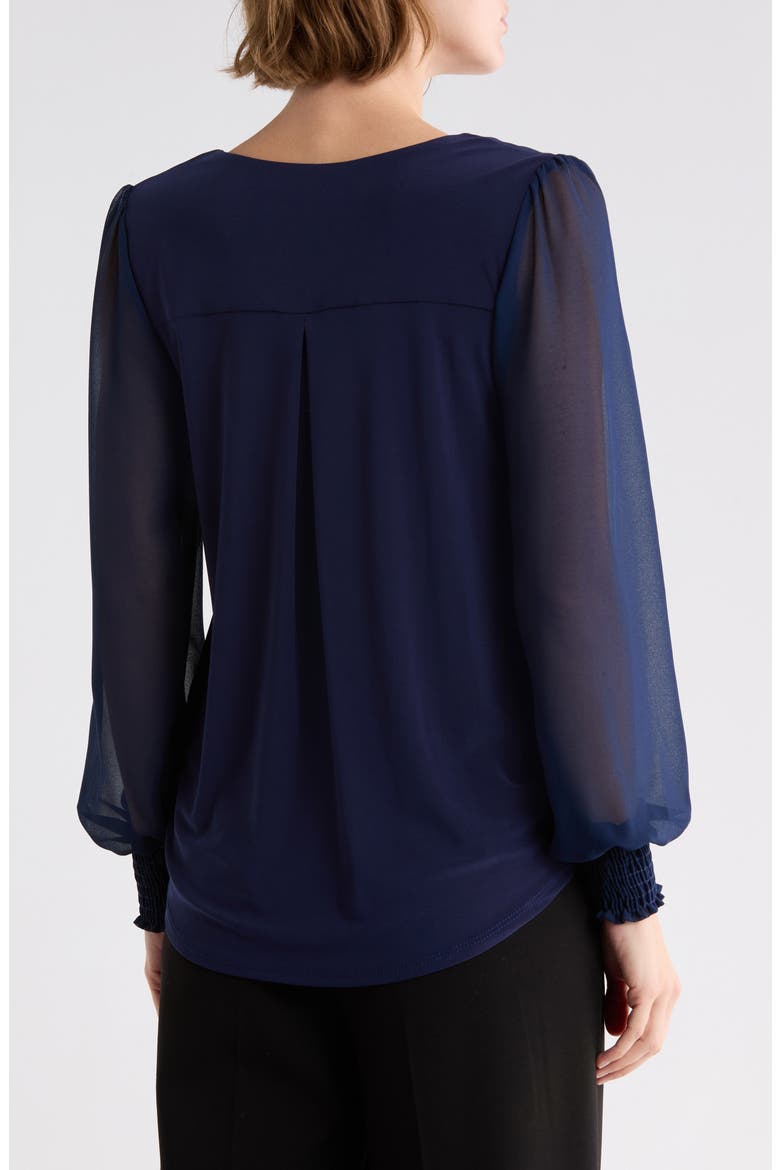 Sheer Sleeve Faux Wrap Top, Alternate, color, NAVY