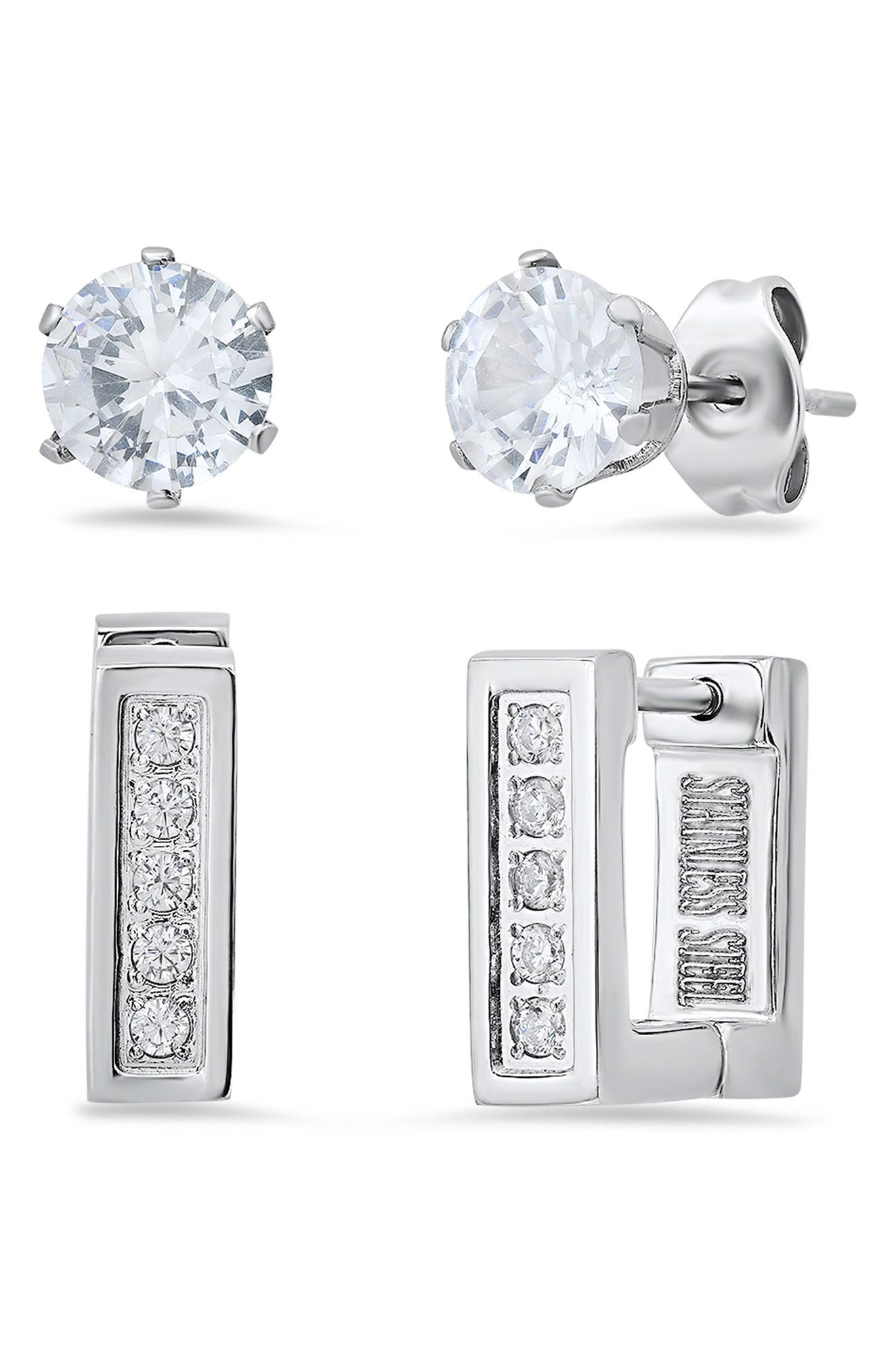 Cubic Zirconia Stud & Rectangular Hoop Earring Set