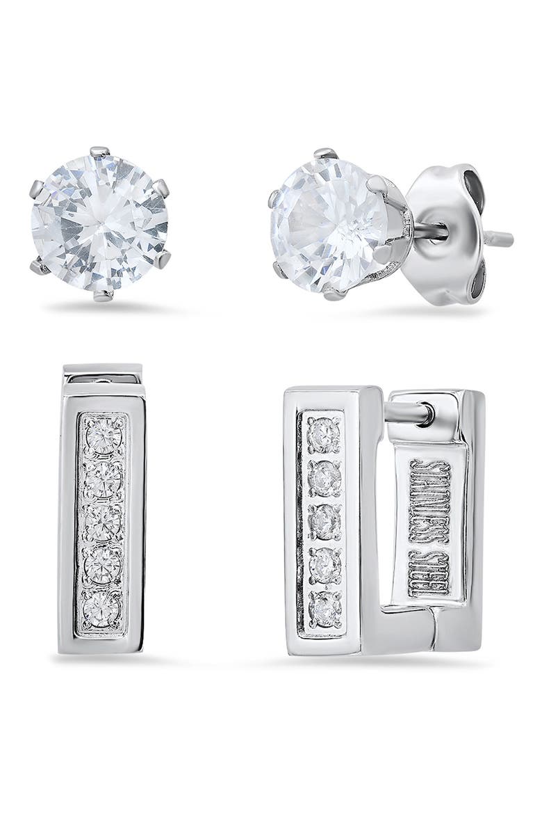 Cubic Zirconia Stud & Rectangular Hoop Earring Set, Main, color, SILVER