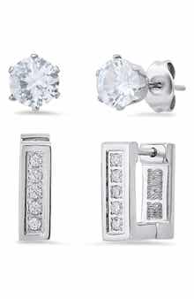 Cubic Zirconia Stud & Rectangular Hoop Earring Set