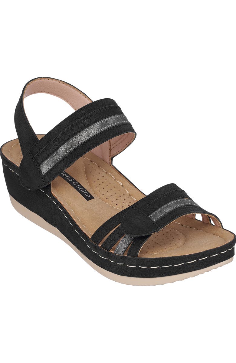 GC SHOES Samar Snakeskin Embossed Hook & Loop Wedge Sandal, Main, color, Black