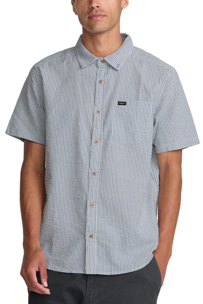 That'll Do Seersucker Short Sleeve Button-Up Shirt, Main, color, VINTAGE NAVY