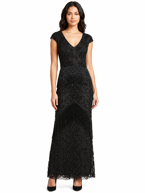 Cap Sleeve Beaded Gown with Fringe