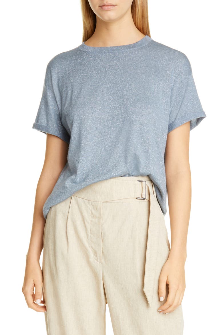 Metallic Cashmere & Silk Blend Sweater Tee, Main, color, CELESTE