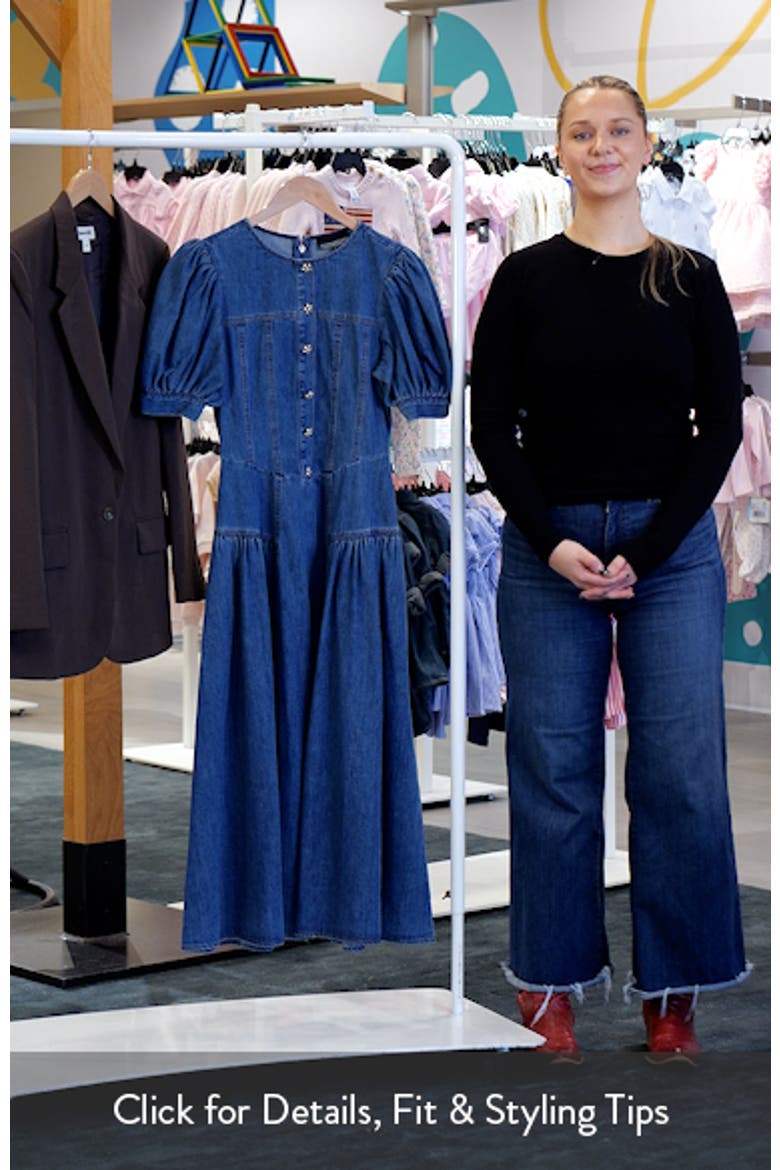 Cotton Blend Puff Sleeve Denim Midi Dress video