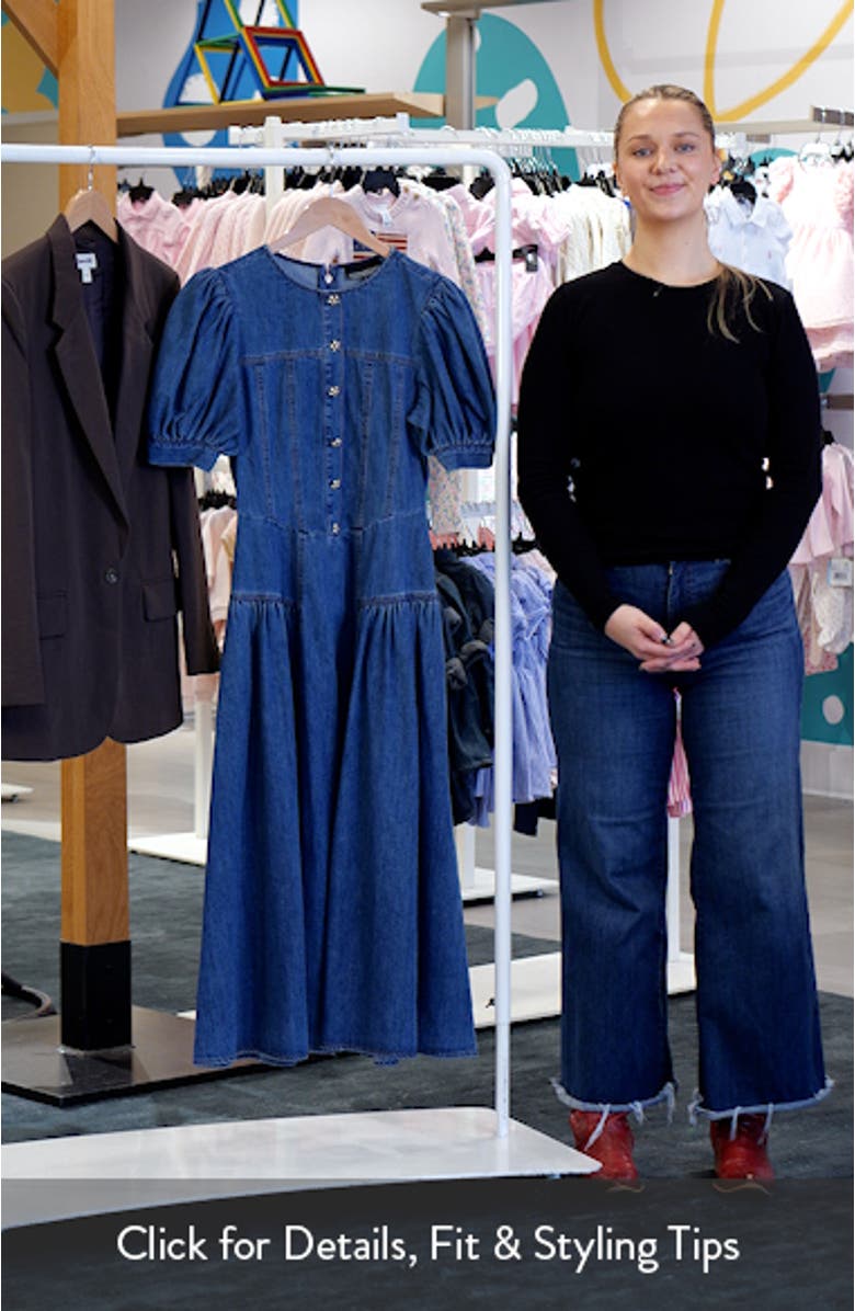 Cotton Blend Puff Sleeve Denim Midi Dress, sales video thumbnail