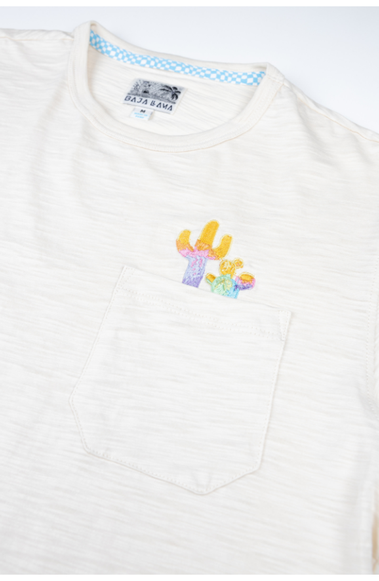 Baja Llama Colorful Cactus - Slub Pima Pocket Tee, Alternate, color, Cream