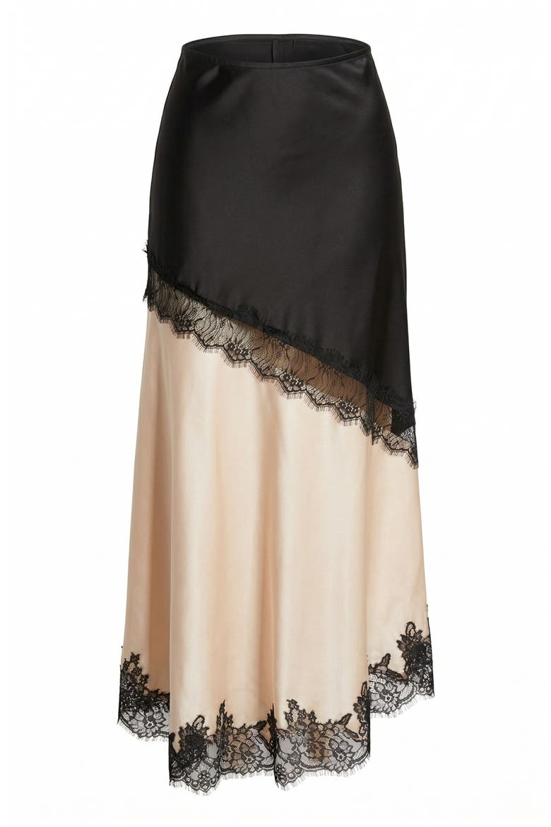 Lace Trim Asymmetric Satin Midi Skirt with Contrast Panel, Alternate, color, Beige