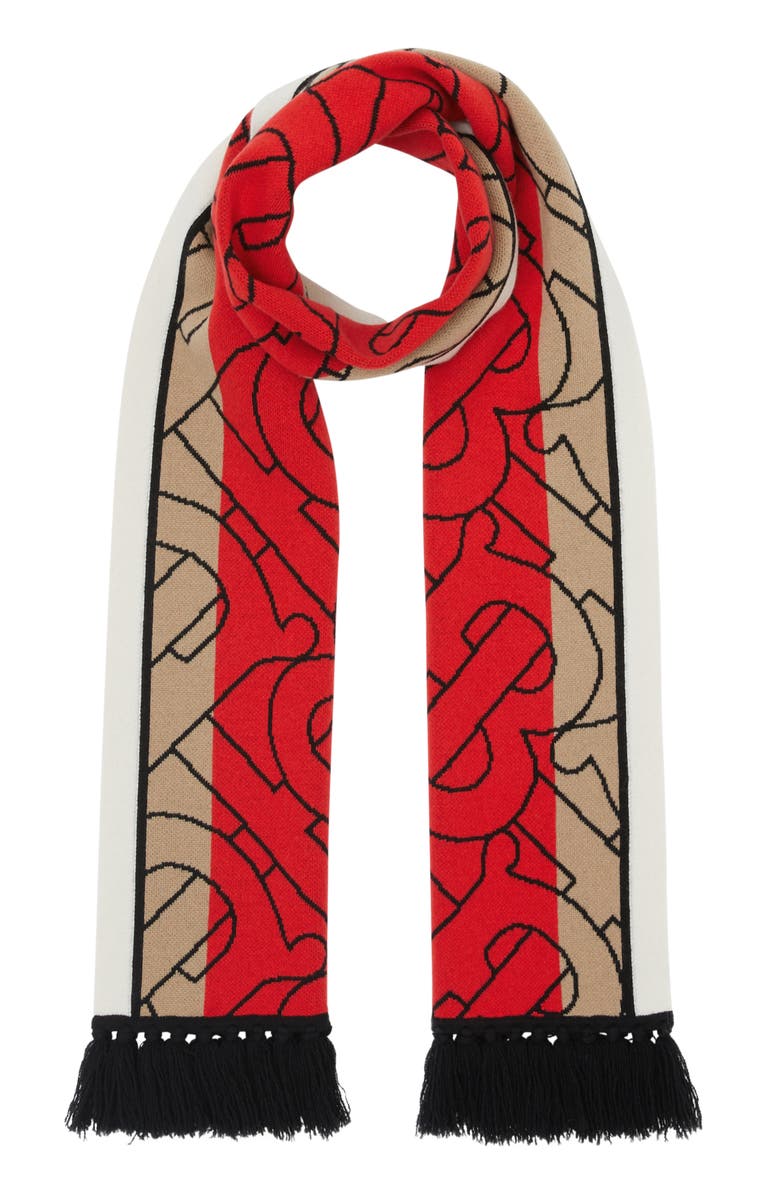 Burberry Football Stripe Monogram Cashmere Scarf, Alternate, color, 