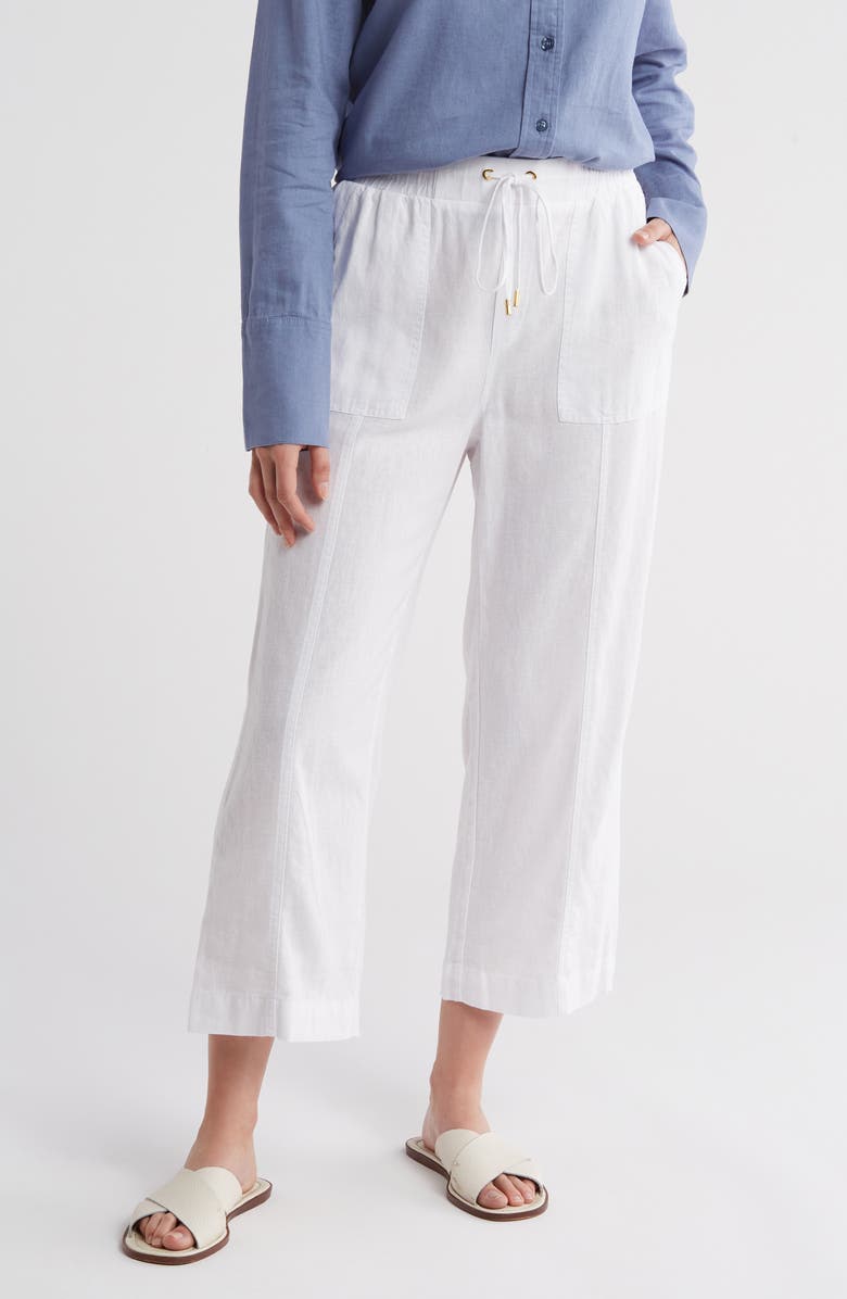 Ellen Tracy Wide Leg Linen Blend Drawstring Crop Pants, Main, color, White