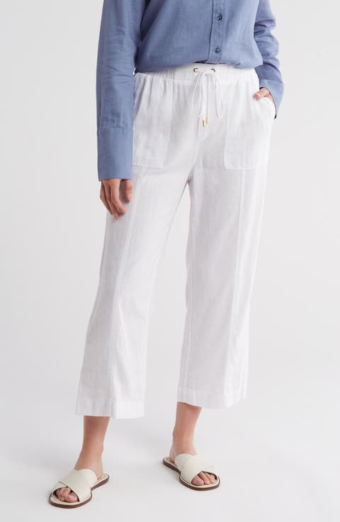 Wide Leg Linen Blend Drawstring Crop Pants