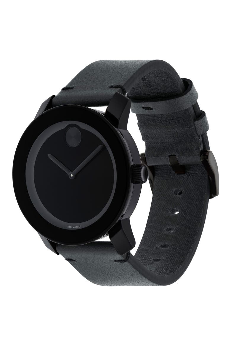 'Bold' Leather Strap Watch, 42mm, Alternate, color, GREY/ BLACK
