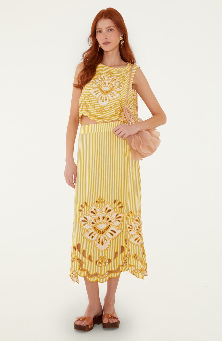 FARM Rio Stripe Eyelet Midi Skirt, Alternate, color, Yellow