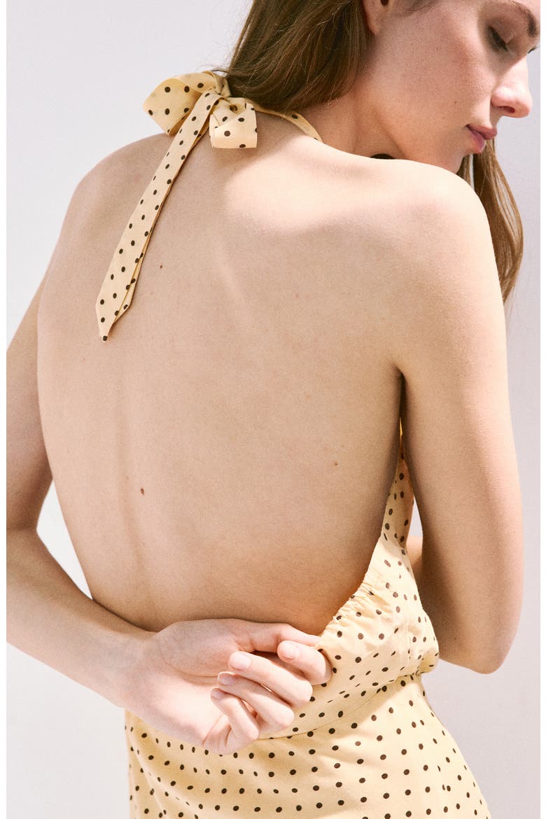 Polka Dot Draped Neck Halter Minidress, Alternate, color, PASTEL YELLOW