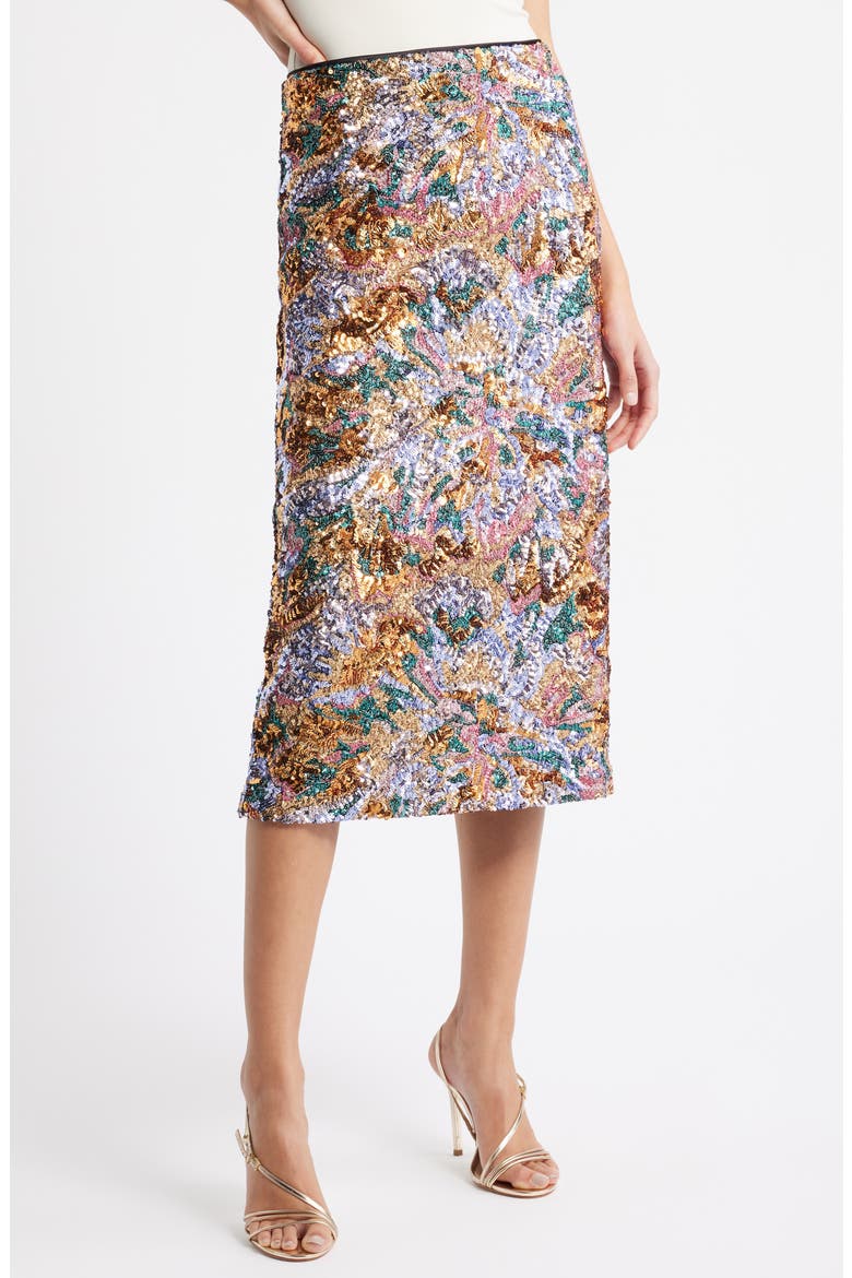 The Adrianne Sequin Midi Skirt, Main, color, ABSTRACT FLORAL SEQUIN