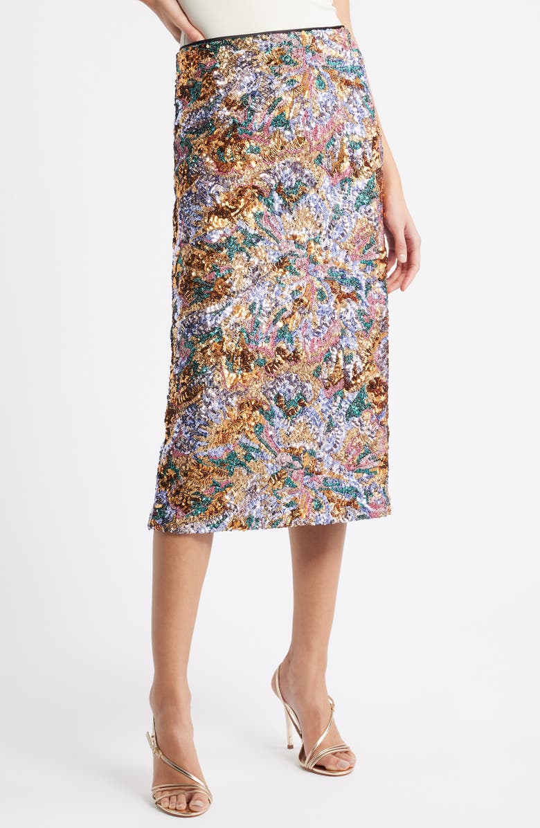 Elie Tahari The Adrianne Sequin Midi Skirt, Main, color, Abstract Floral Sequin