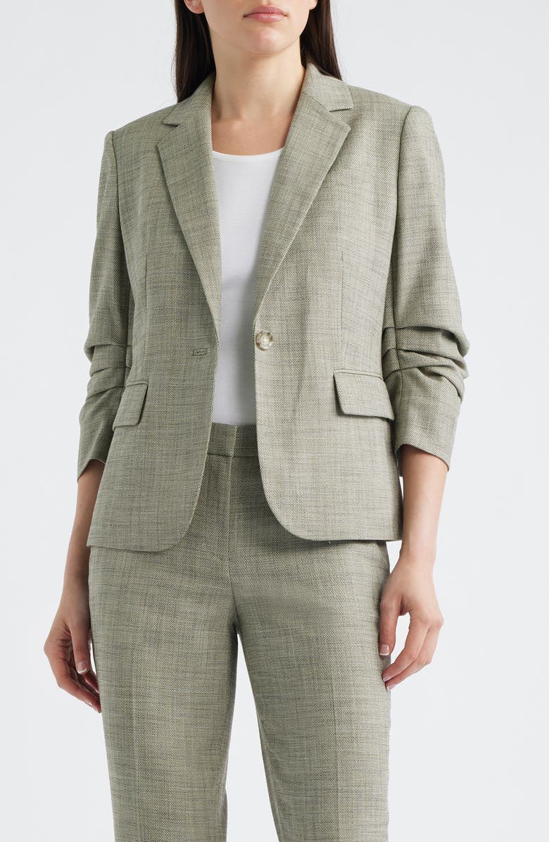 Anne Klein Scrunch Sleeve One-Button Blazer, Main, color, Bay Leaf Multi